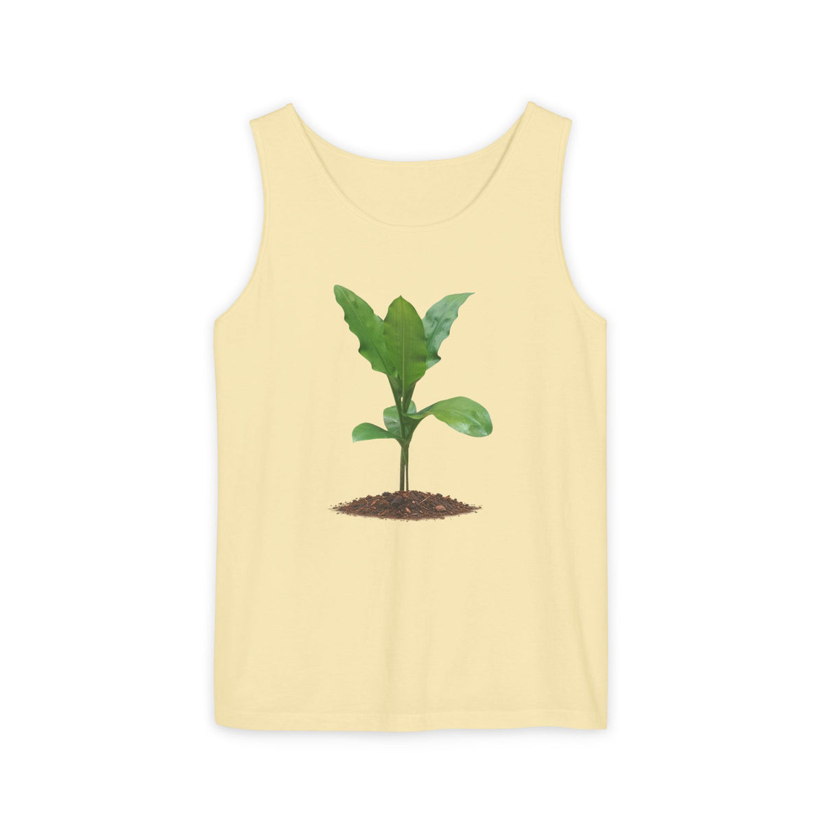 A pale yellow sleeveless tank top with a central graphic of a green seedling plant in brown soil, displayed on a clean white background.