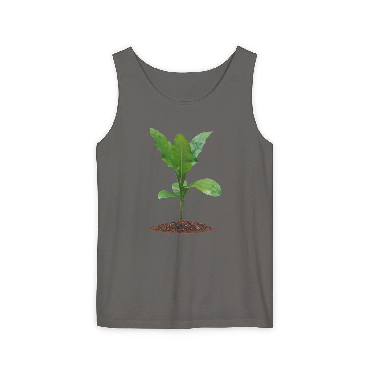 A dark gray sleeveless tank top featuring a graphic print of a small green plant sprout growing from brown soil, displayed on a clean white background.