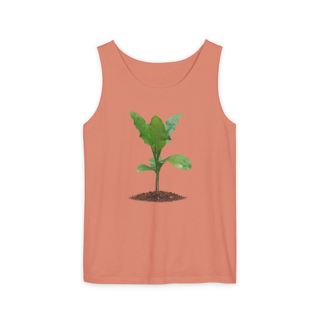 A sleeveless tank top in a muted peach color, featuring a graphic print of a small green plant sprout emerging from brown soil in the center, displayed on a clean white background.