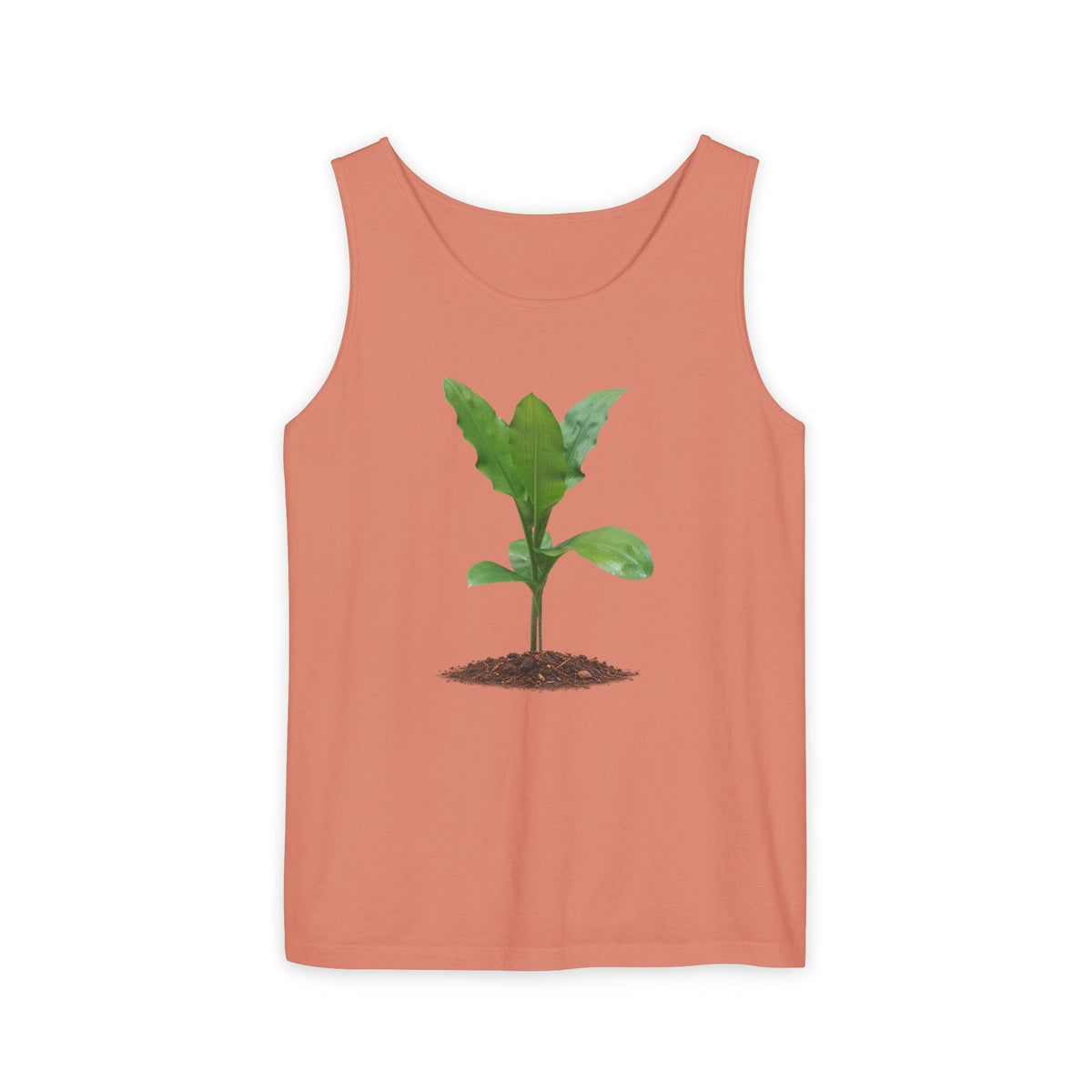 A sleeveless tank top in a muted peach color, featuring a graphic print of a small green plant sprout emerging from brown soil in the center, displayed on a clean white background.
