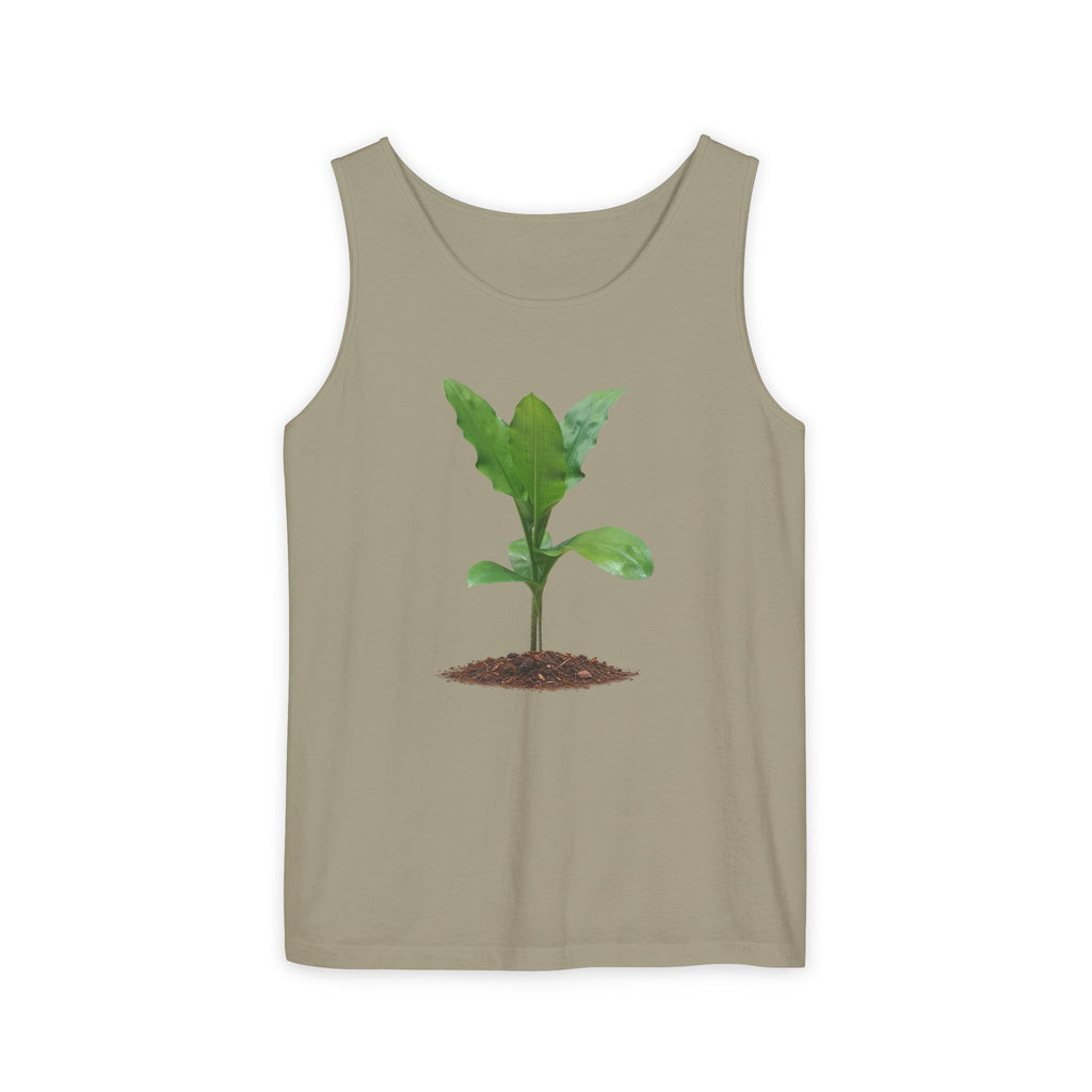 A sleeveless tank top in a muted taupe-beige color, featuring a graphic print of a green plant sprout growing from brown soil in the center of the chest, displayed on a clean white background.