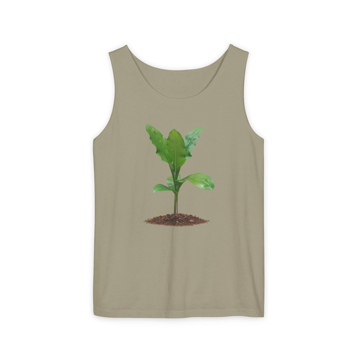 A sleeveless tank top in a muted taupe-beige color, featuring a graphic print of a green plant sprout growing from brown soil in the center of the chest, displayed on a clean white background.