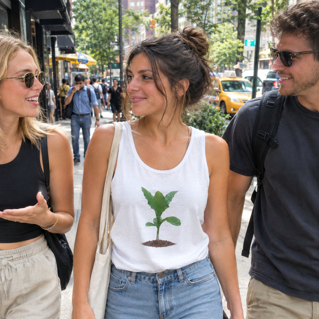 A woman walking on a city sidewalk wearing a white tank top with a green seedling graphic, paired with light blue jeans and carrying a beige shoulder bag. She is surrounded by two men in an urban street setting.