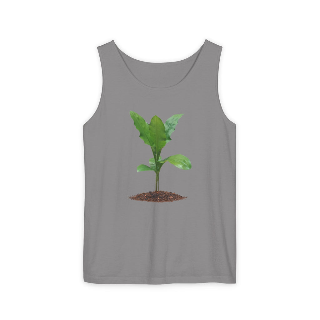 A gray sleeveless tank top featuring a graphic print of a green seedling plant in brown soil, displayed against a plain white background.