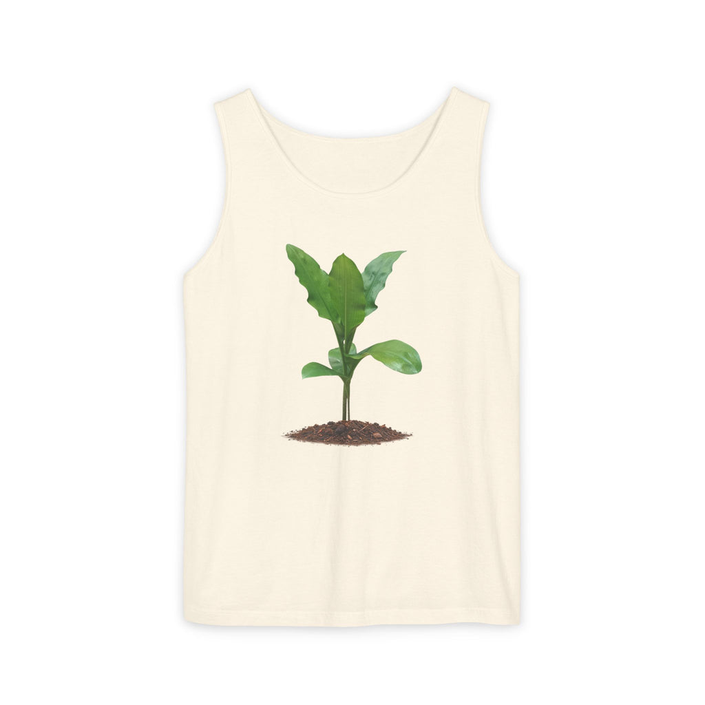 An off-white sleeveless tank top featuring a graphic print of a green leafy plant sprout emerging from brown soil, displayed against a solid white background.