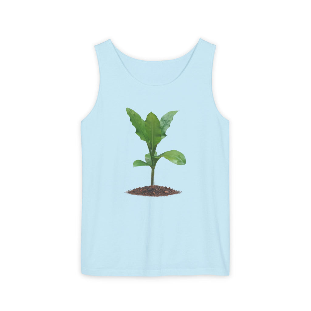 A light blue sleeveless tank top featuring a graphic of a small green plant sprout growing from brown soil, displayed on a clean white background.