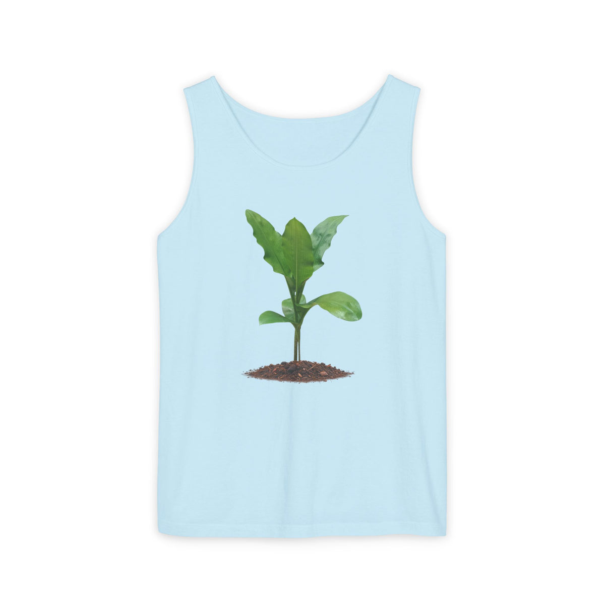 A light blue sleeveless tank top featuring a graphic of a small green plant sprout growing from brown soil, displayed on a clean white background.