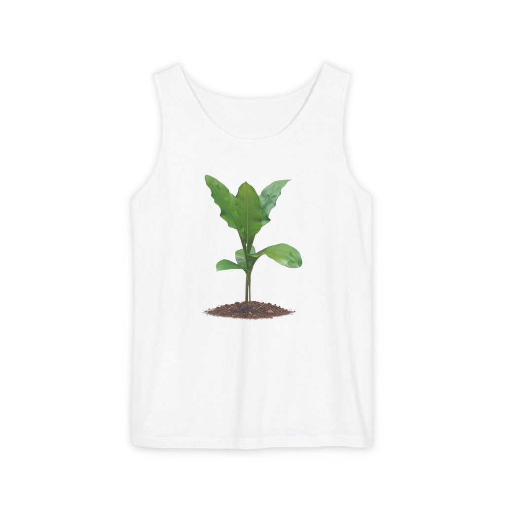 A white sleeveless tank top featuring a graphic print of a small green plant sprout growing from brown soil, centered on a plain white background.