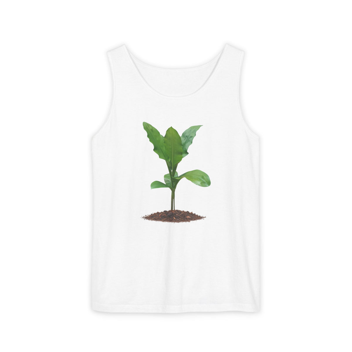 A white sleeveless tank top featuring a graphic print of a small green plant sprout growing from brown soil, centered on a plain white background.